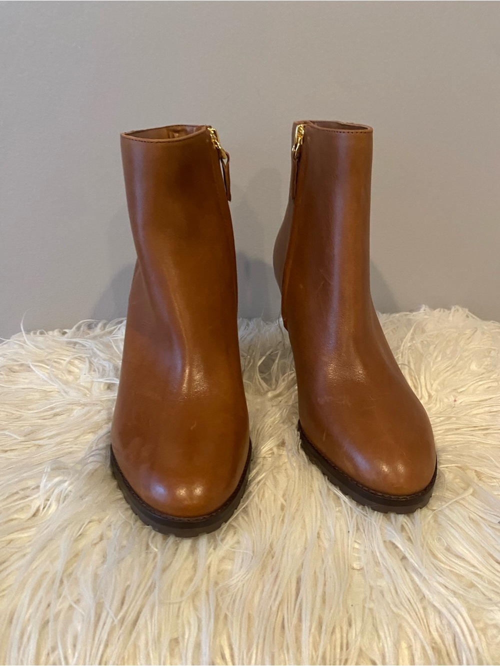 Ralph Lauren Cognac Leather Ankle Booties with Side Zip